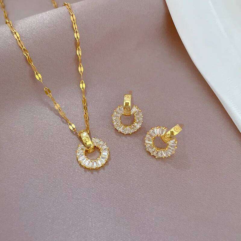 High Grade Camellia Zircon Jewelry Sets Stainless Steel Trendy Flower Pendant Necklace Earrings Party Gifts For Women Girls H260312
