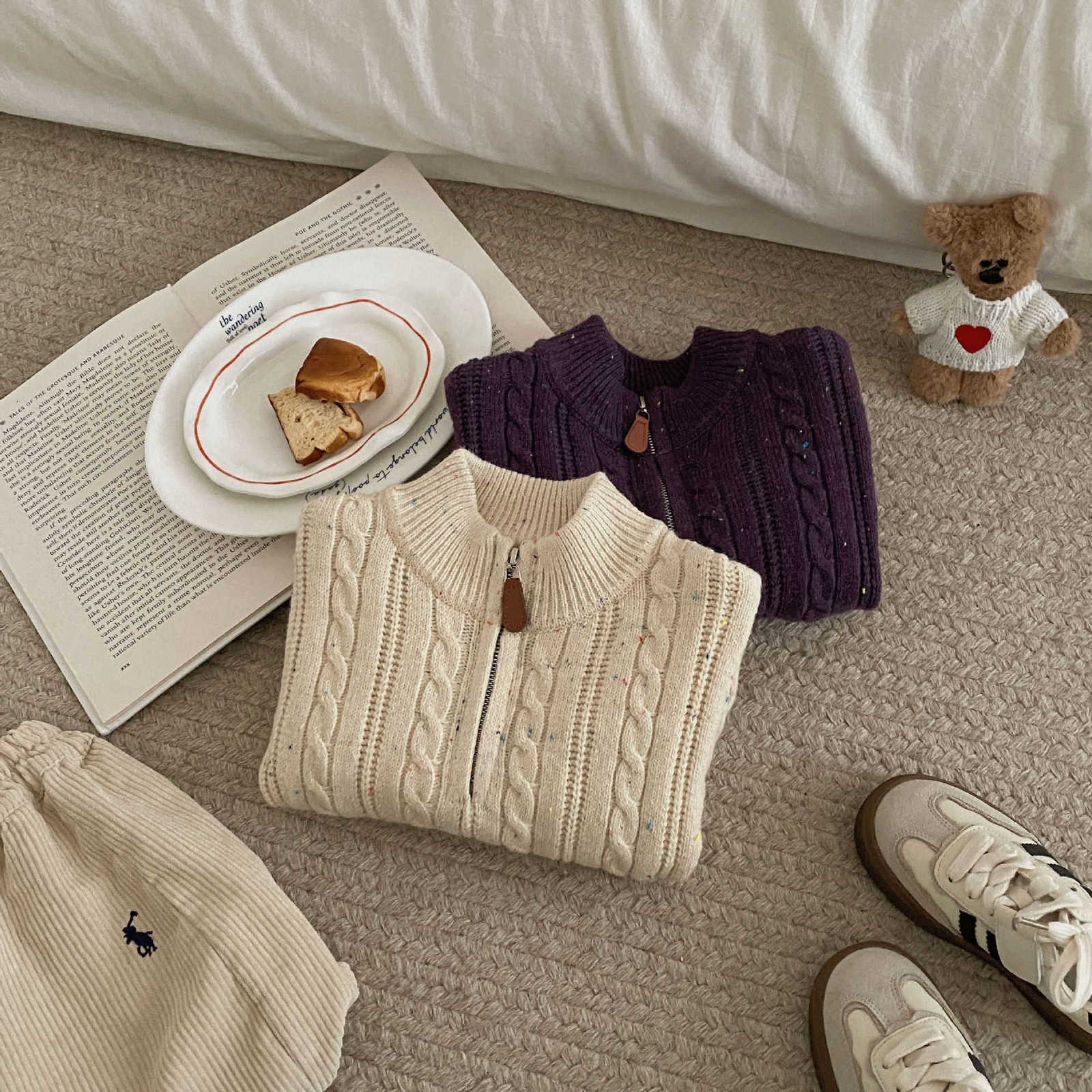 Pullover Autumn/Winter New Children's Sweater with Colorful Dots Half-Zip Cable Knit Pullover, Stylish and Versatile Sweater