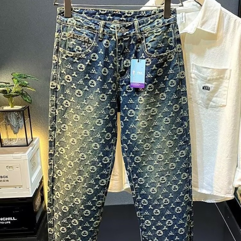 Luxury Brand Designer Clothes American High-End Jacquard Jeans Unisex Autumn Winter New High Street Loose Straight Casual Wide-Leg Long Pants