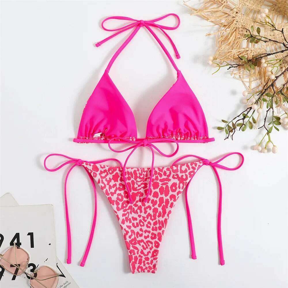 Pink Leopard Print Triangle Bikinis Sets Sexy Swimsuit 2025 Micro Thong Swimwear Bathing Suit String Halter Bikini Mujer Biquini Y260303
