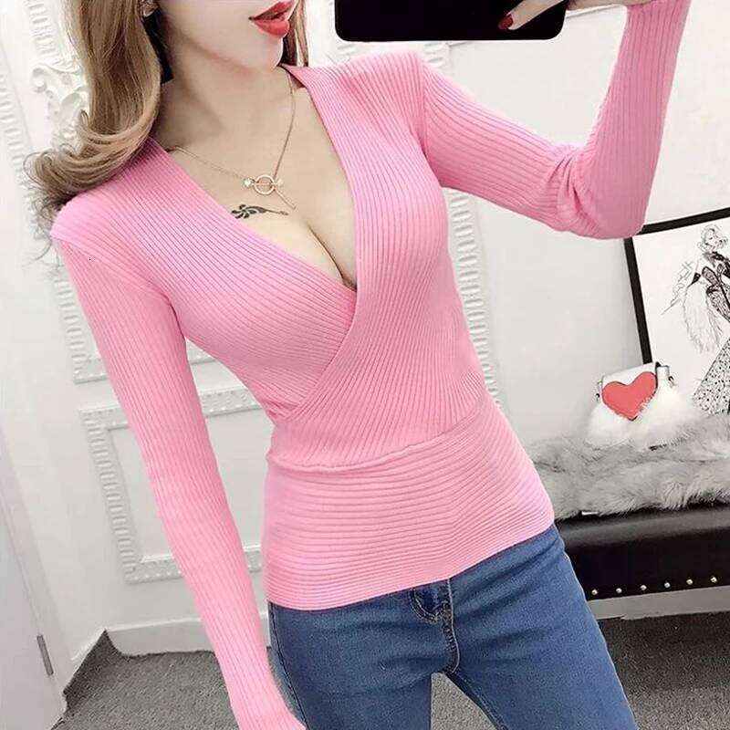 Autumn Winter Basic Sweaters Women Pullovers Long Sleeve Deep V Neck Korean Fashion Clothing Slim White Jumpers Knitwear Tops Z260313