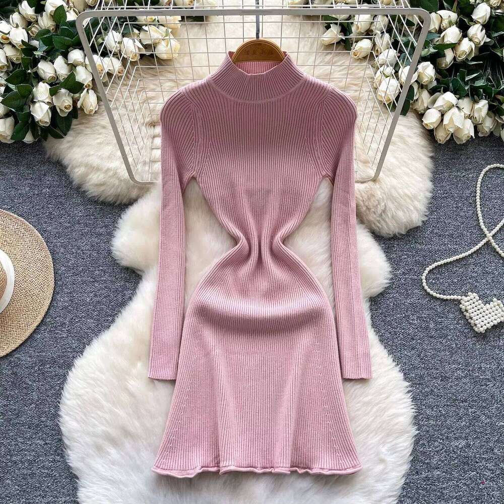 REALEFT Autumn Winter French Style Women's Knitted A-line Solid Long Sleeve Turtleneck Casual Bottom Wrap Dresses Female Z260313