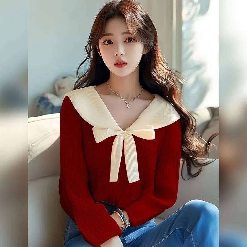 Lapel Bow Soft Sweater Knitted Pullover 2024 Early Autumn New Office Lady Gentle Long-sleeved Versatile Commuter Top Z260313