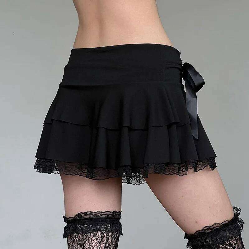 Goth Y2K Black Lace Trim Bow A Line Mini Skirt Women Korean Streetwear Z260314