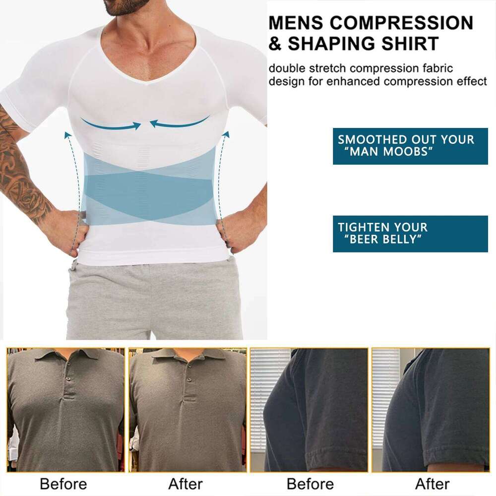 Men's Short Sleeve Compression T-Shirt V-neck Shapewear Tummy Control Flat Belly Tank Top Fitness Workout Slimming Body Shaper 26Y0313