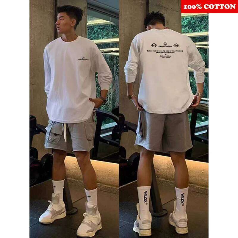 American Long sleeve White T-shirt Autumn 2025 New 100% Cotton Letter Print Gym Workout Shirt Loose Tee Y2k Top Men clothing Z260314