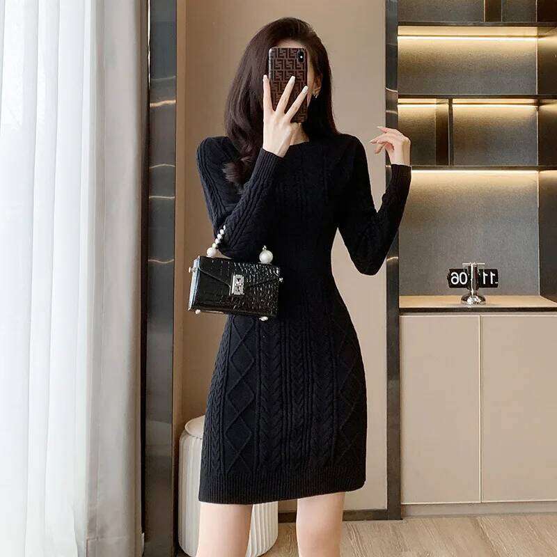 Interior Slimming Black Knitted for Women's Autumn and Winter New Item Small Slim Fit Hip Hugging Stylish Wool Dress Z260313