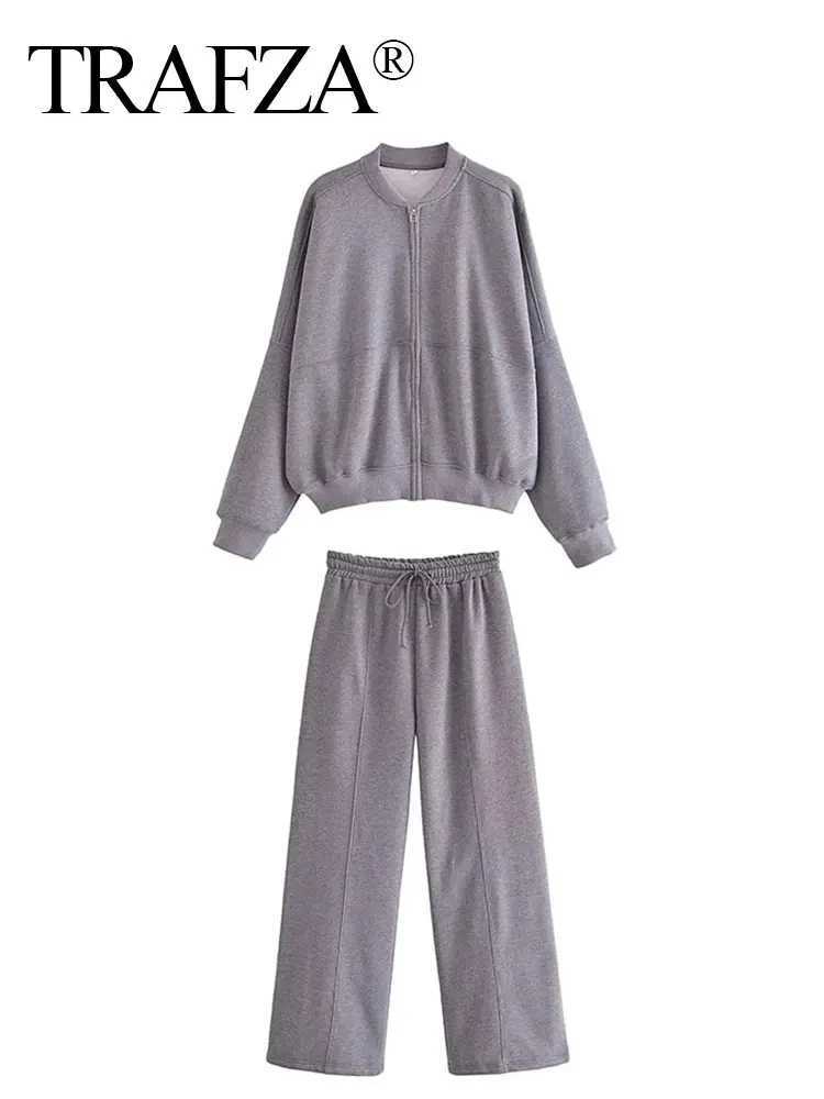 HH Bomber Jacket Pant Set For Women Casual Long Sleeve Zipper Coat Vintage Solid Sweatshirt Suit Autumn Woman Streetwear M260313