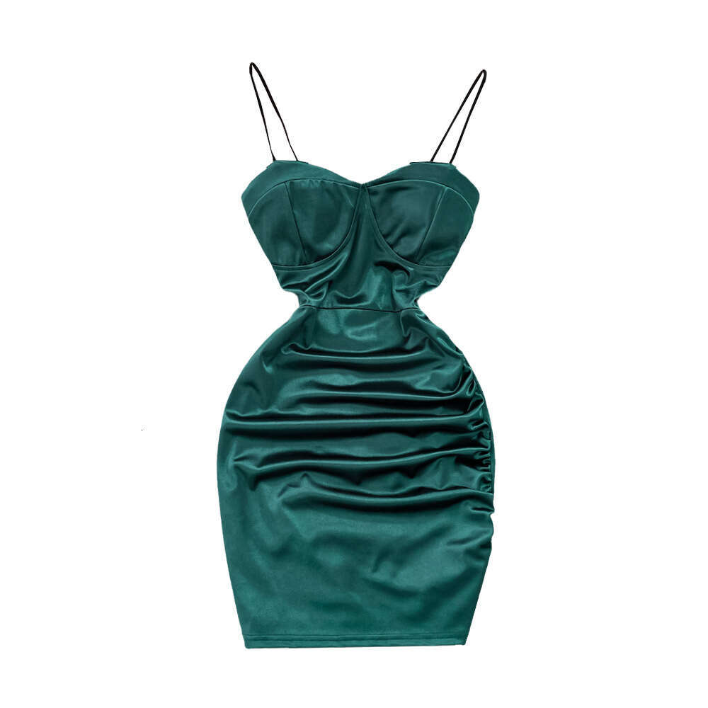 A13 Summer pure desire spicy girl vest skirt sexy acetate satin slim fit highlights petite figure pleated tight fitting dress
