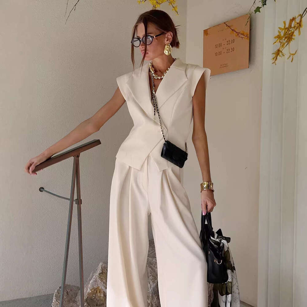 European American Cross Border Women S Clothing Khaki Suit Unique Design Unisex Sleeveless Blazer With Collar And Long Pants Two Piece Set MAKOUFEI