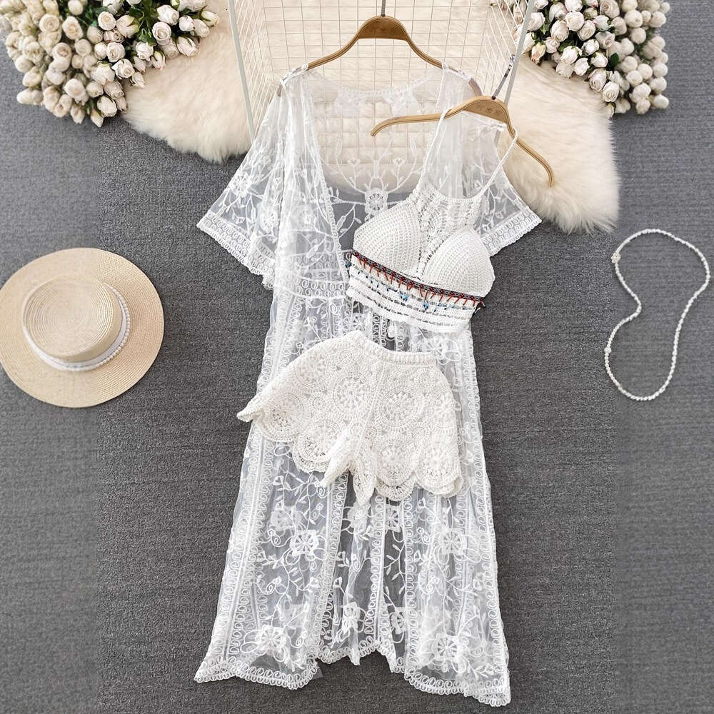 2026 Designer Seaside Vacation Fashion Set Lace Embroidery Medium length Sunscreen cardigan Tank Top Wide Leg Shorts