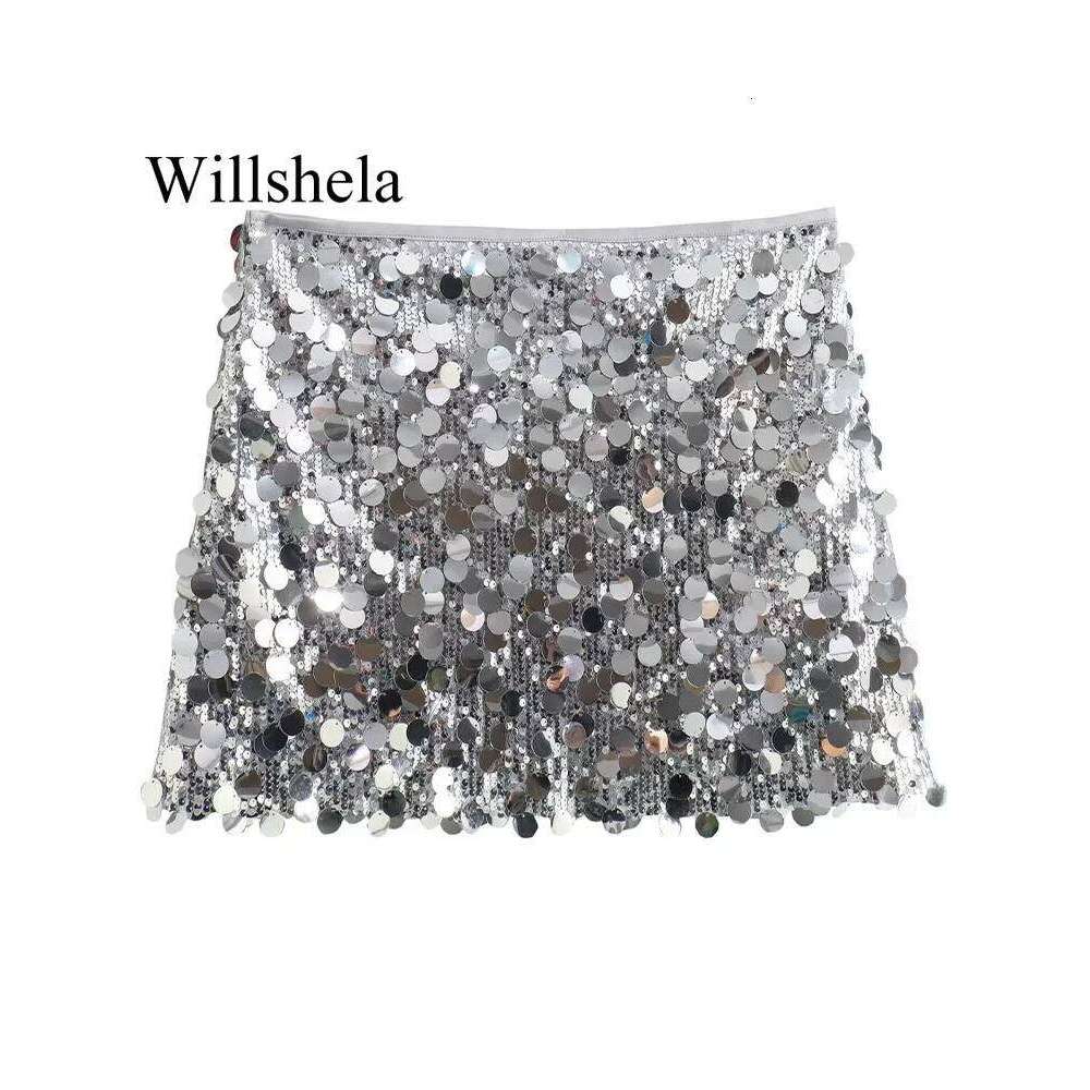 Willshela Women Fashion With Sequined Solid Side Zipper Mini Skirt Vintage High Waist Female Chic Lady Skirts Z260314
