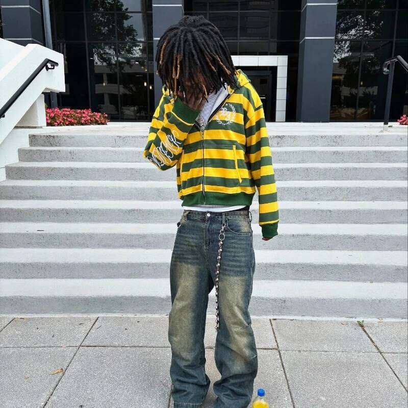 Y2K Retro Stripe Sweatshirt Rivet Embroidery Street Kid Zip Up Hoodie New Hip Hop Color Blocking Streetwear Unisex Boxy Clothing Z260314