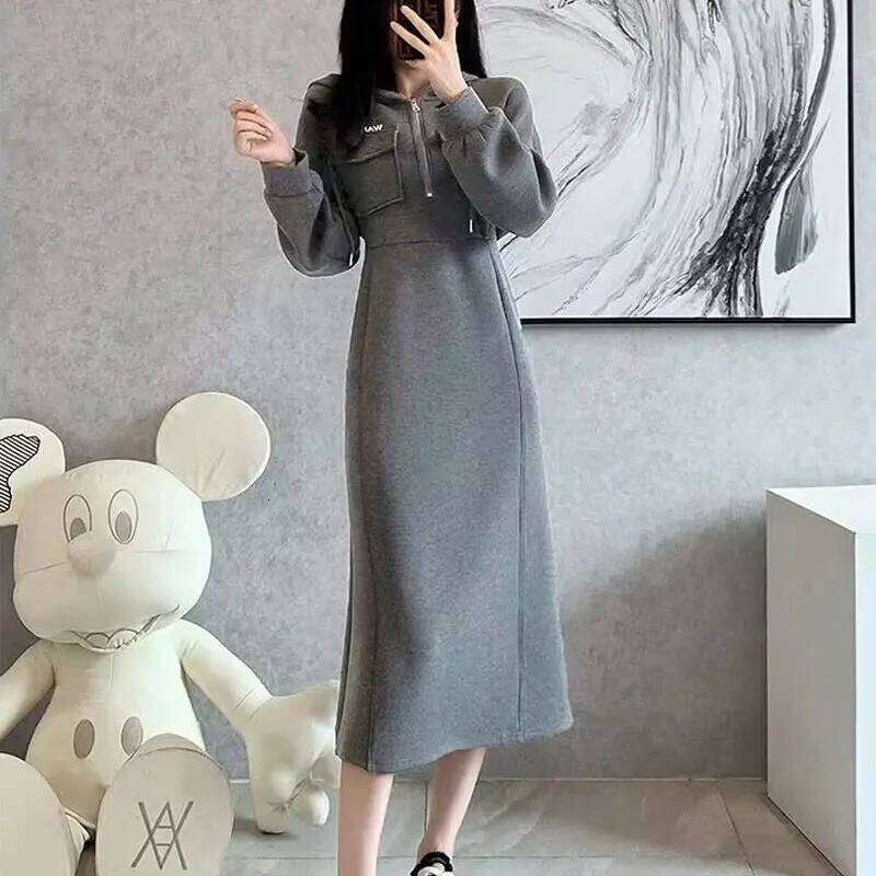 Female Clothing Casual Hooded Midi Dress A-Line Waist Spring Autumn Solid Color Basic Long Sleeve Chic Pockets Spliced Dresses Z260313