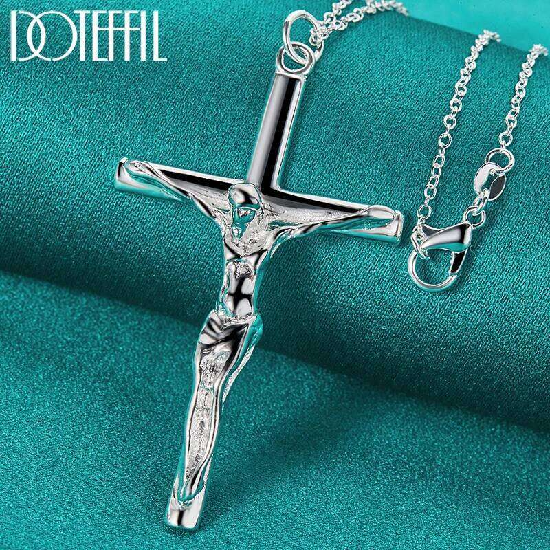 DOTEFFIL Silver Color Jesus Cross Pendant Necklace 16/18/20/22/24/26/30 Inch Chain For Woman Man Charm Wedding Jewelry H260312