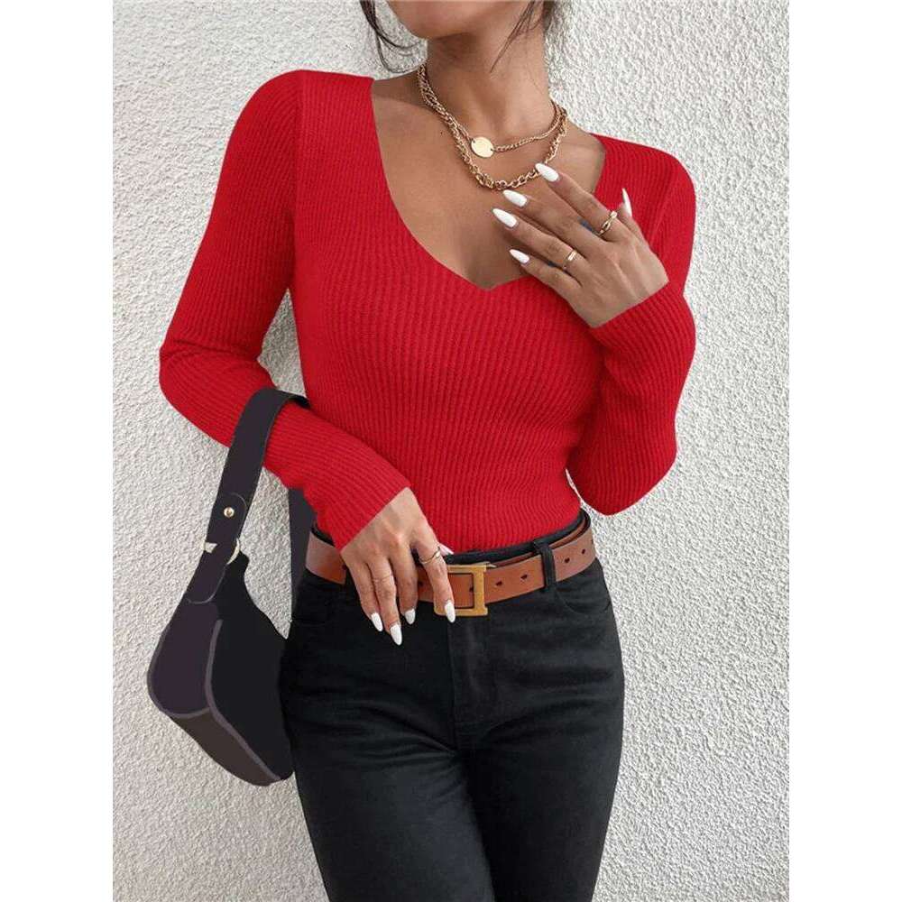 2026 Autumn Winter Women Solid Rib Knit V Neck Stripe Pull Sweater Femme Y2k Long Sleeve Pullover Jersey Tops Fashion Clothes Z260314