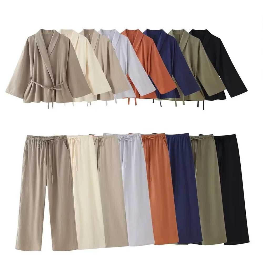 PRINTKAOIR Womens Kimono Style Solid Suit Long Sleeve 2-Piece Set with Deep V Lapel And Pants Casual Outerwear for Fall 2025 M260313