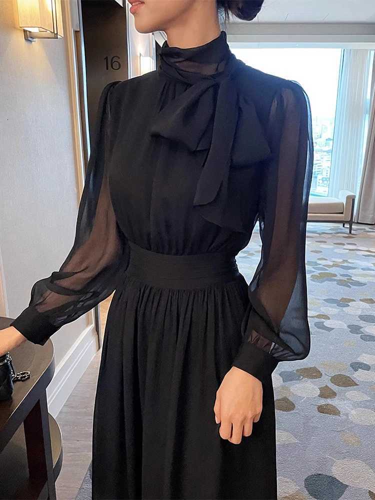 Ele Spring Chic Stand Collar Sa Knot Slimming Long Sve Chiffon Dr High Waist Commute Sle Other MaterialT260314