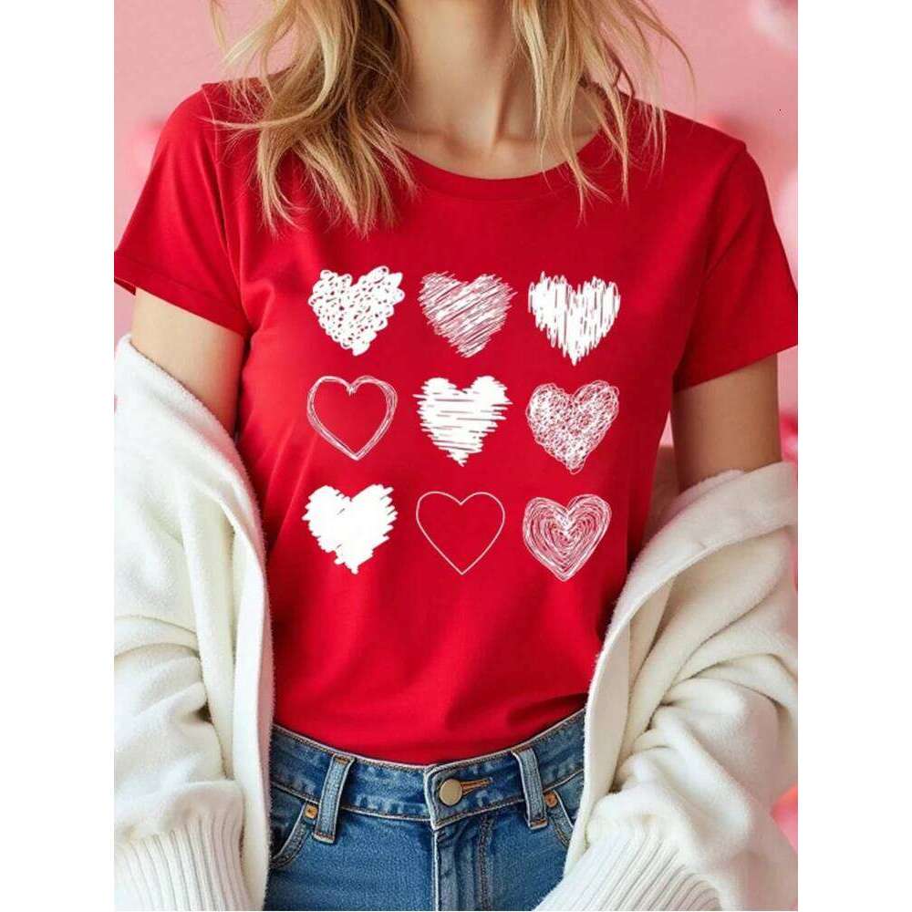 Red Heart Printed T-Shirts Fashion Streetwear Short Sleeve Tee Clothing Casual Soft Women Tops Valentine's Day T-shirt Z260314