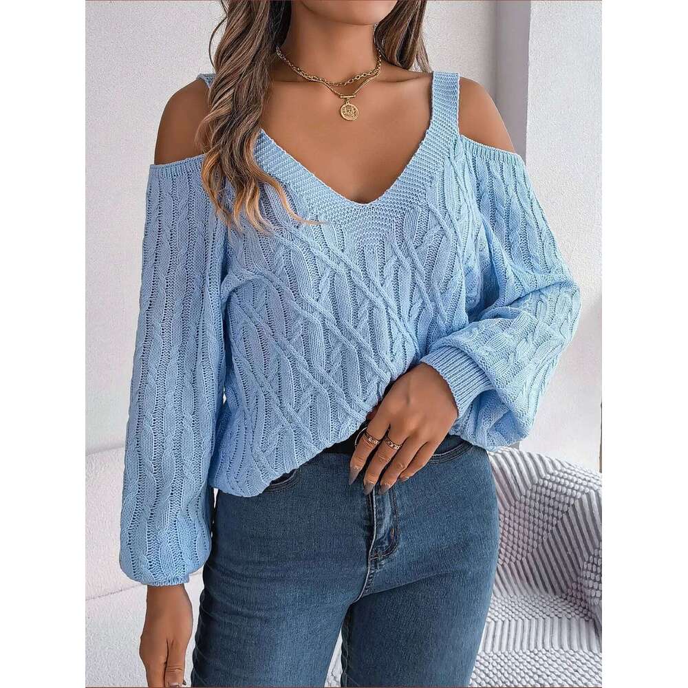 Women's Autumn Winter Casual Solid Color Off-Shoulder V-Neck Cable Knit Lantern Sleeve Pullover Sweater Top Z260313