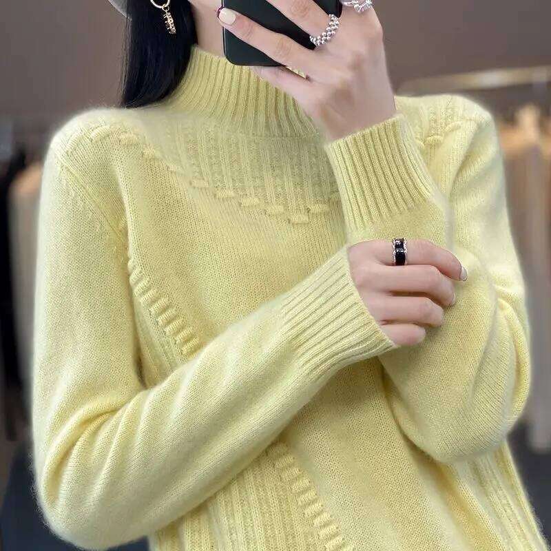 2024 Autumn New Loose Women's Semi-turtleneck Thickened Solid Color Simple Crochet Casual Knitted Sweater Pullover Top Z260313