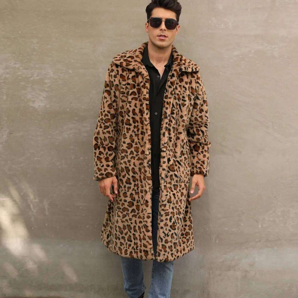 Men Faux Leopard Coat Winter Thick Sleeve Warm Shaggy Outerwear Luxury Fur Long Jacket Bontjas Jackets Mens Z260313