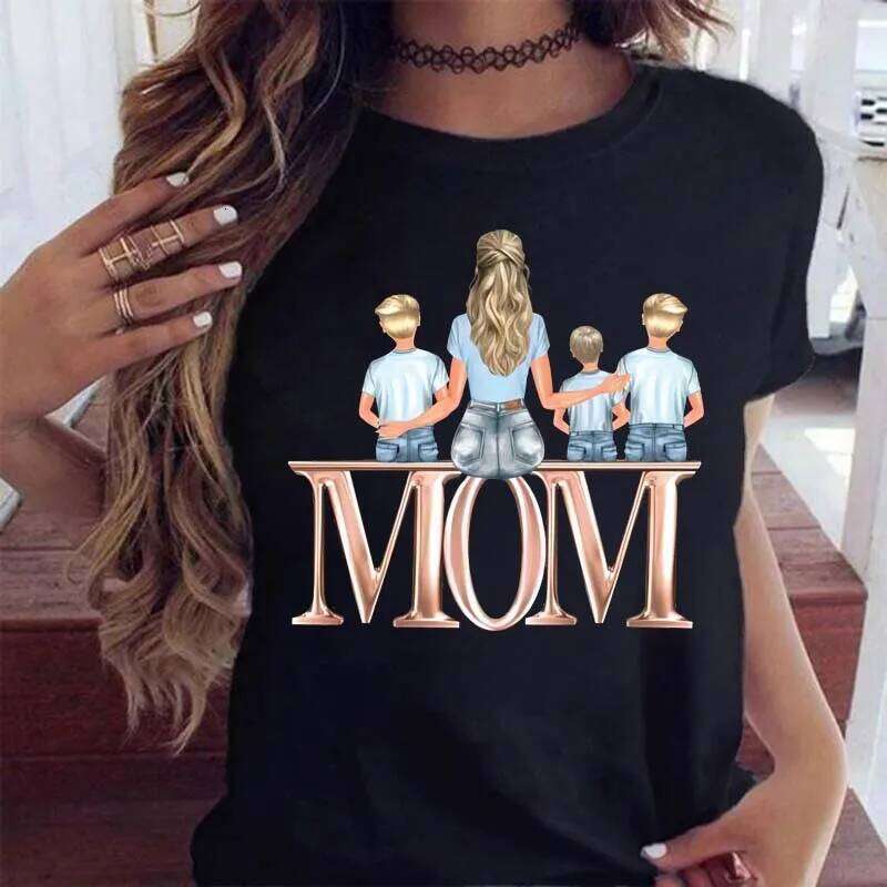 Maycaur Women Cartoon Mom with Sons Fashion Print Casual Woman Tee Ladies Female T-shirt Short Sleeve T Top Shirt Z260314