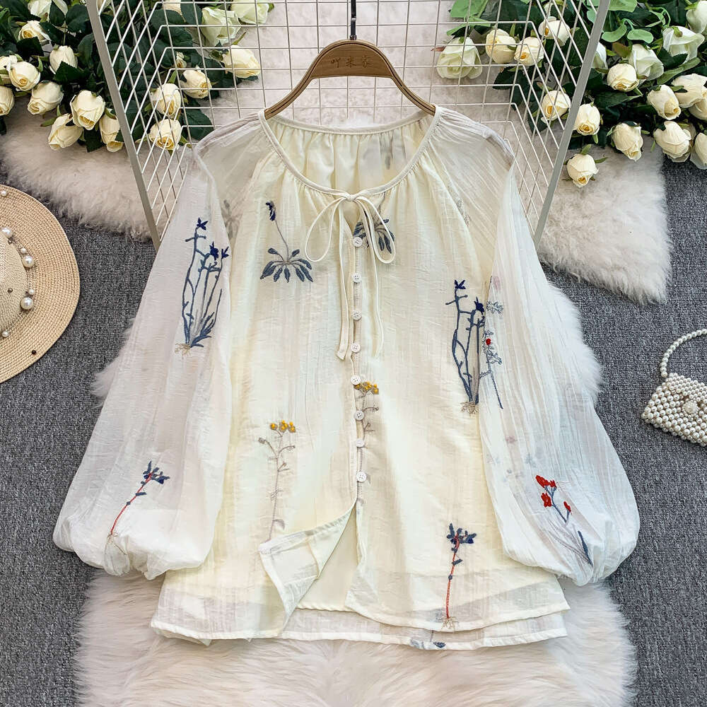 2026 designer's new sweet style lace up design embroidered loose single breasted shirt high waist slimming skirt