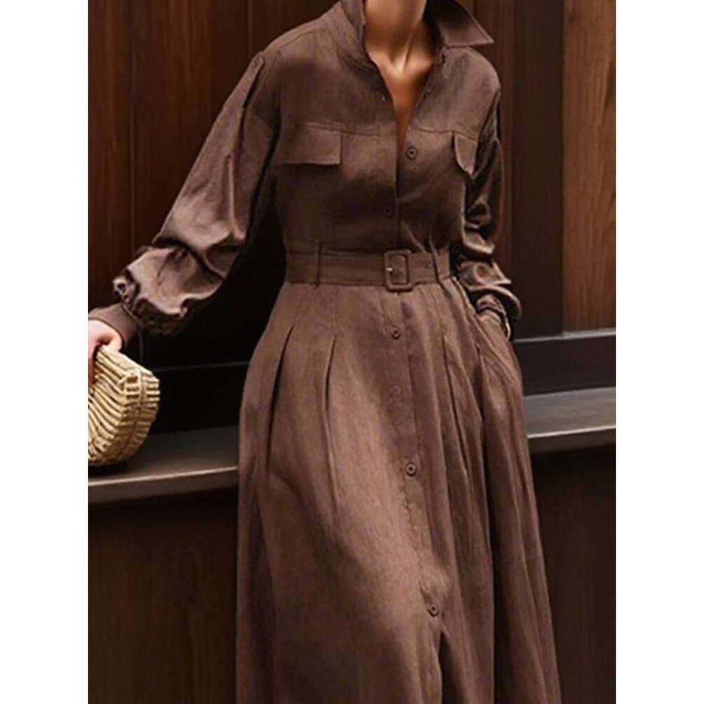 Gymystars Long Sleeve Woman Fall 2026 Lapel Shirt Dress Fashion Loose Pleated Belt Decoration Casual Button Maxi Dresses Z260314