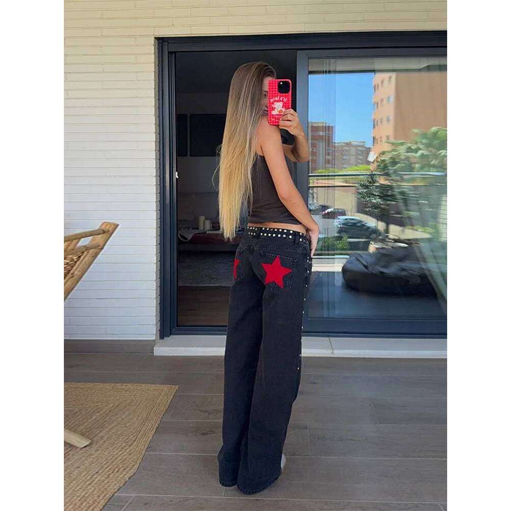 Rivet Five Pointed Star Woman High Waist Chic Solid Color Casual Long Trousers Street Fashion Women's New Straight Jeans Z260313