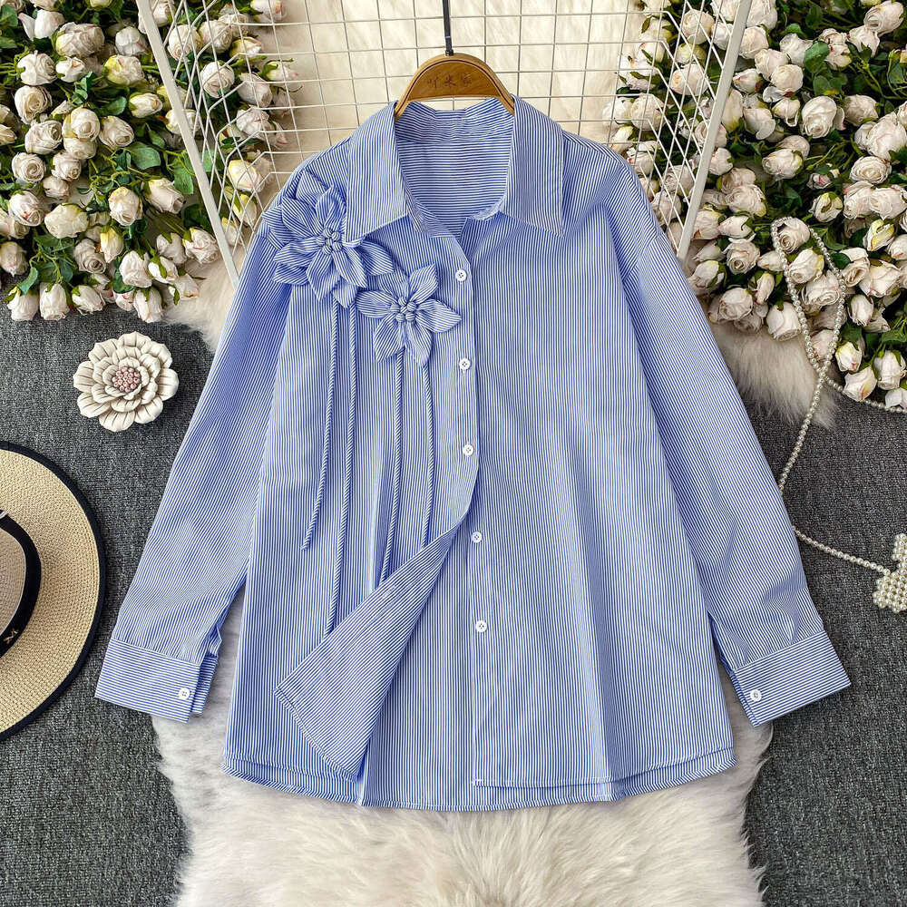 2026 Spring and Summer Korean Style Designer 3D Flower Collar Women's Long Sleeve Shirt a27 Summer Striped Loose Top
