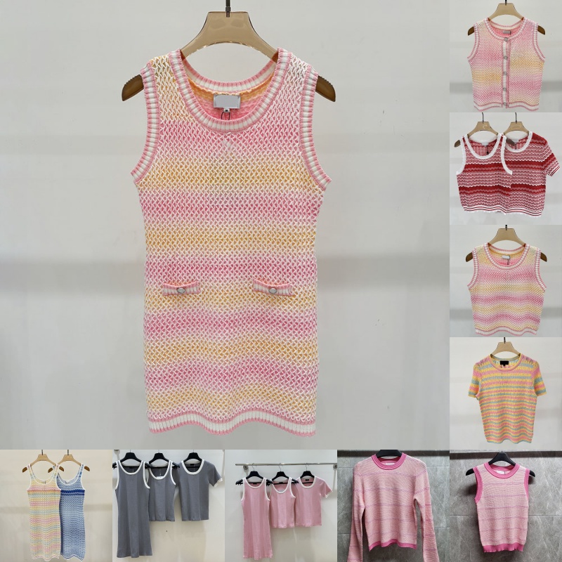 Designer Stiped Knitted Women Dress Luxury Sleeveless Midi Dress Street Style Vacation Birthday Party Dresses