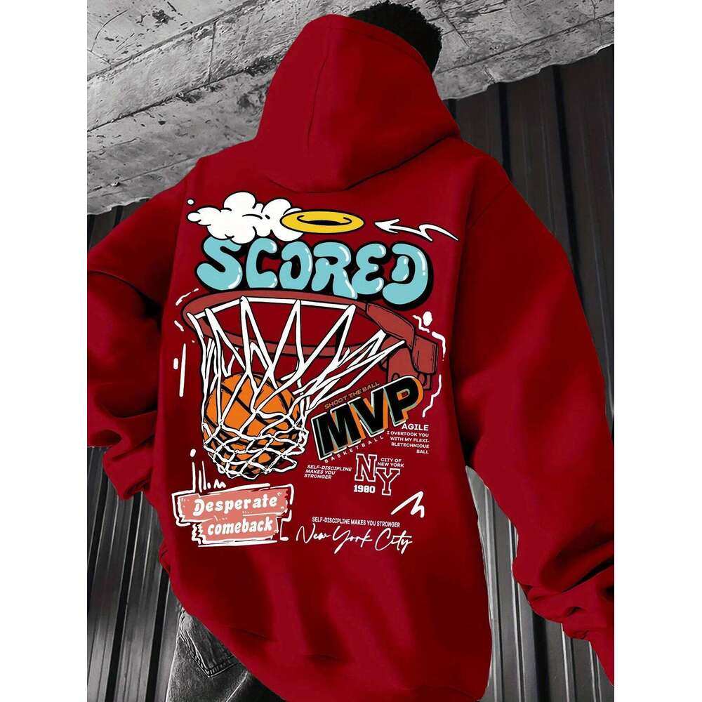 Casual MVP Basketball Graphic Hoodie for Men - Knitted Fabric Regular Fit with Slight Stretch Z260314