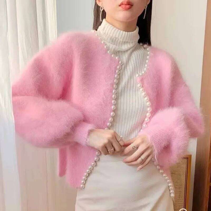 2026 Autumn Winter New Fashion Ladies Pearl Knit Lantern Sleeves Imitation Mink Fleece Sweater Cardigan Jacket Women Outerwear Z260313