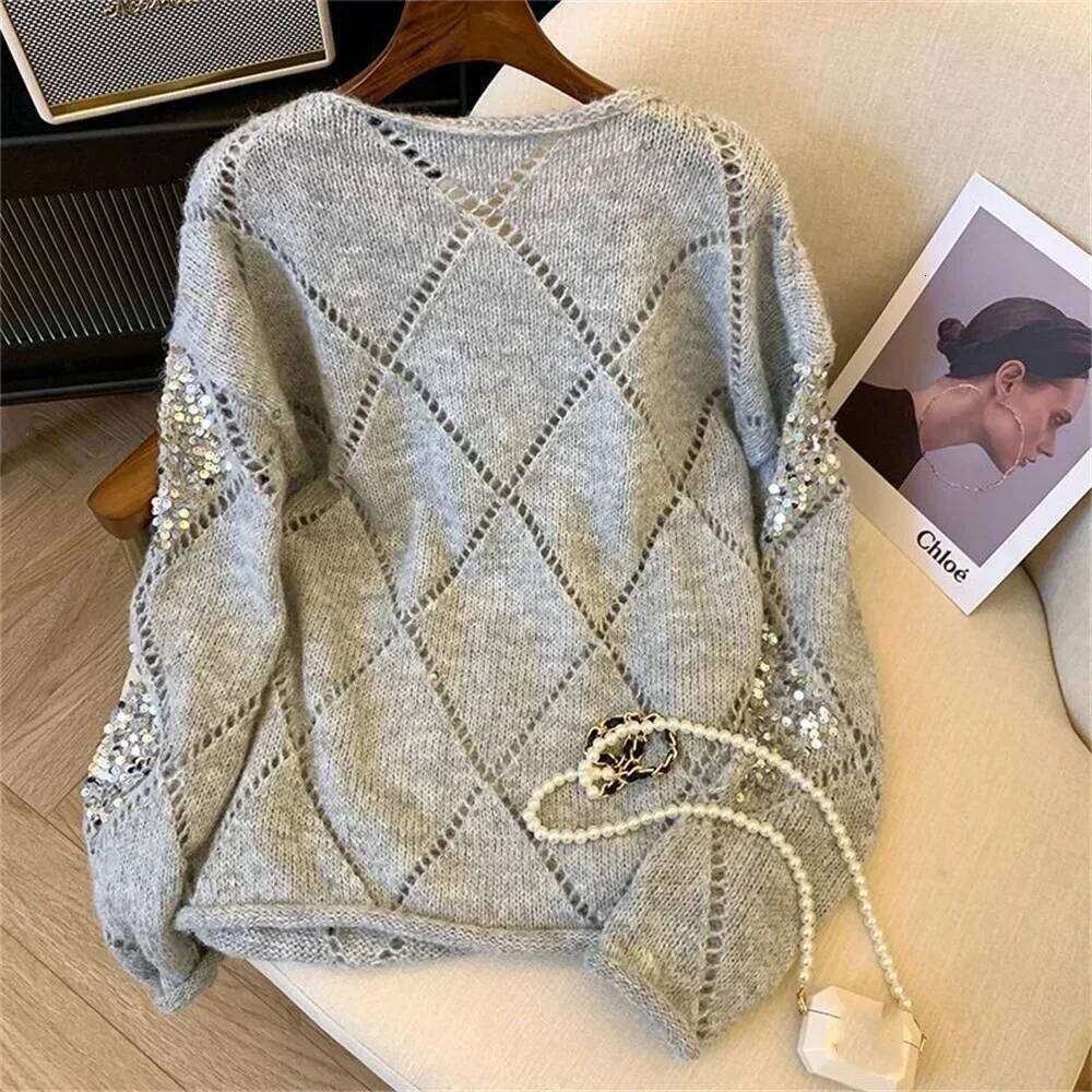 Sequined Hollow Out Pullover Female Casual Knitted All Match Thin Sweater Oversized Pullovers Tops Women Clothing Z260313