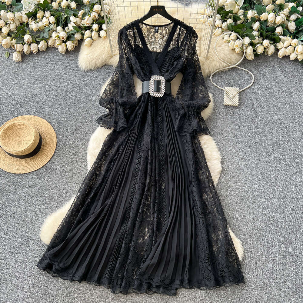 2026 Spring/Autumn New Designer French Elegant V-neck Lace Women's Lace Dress