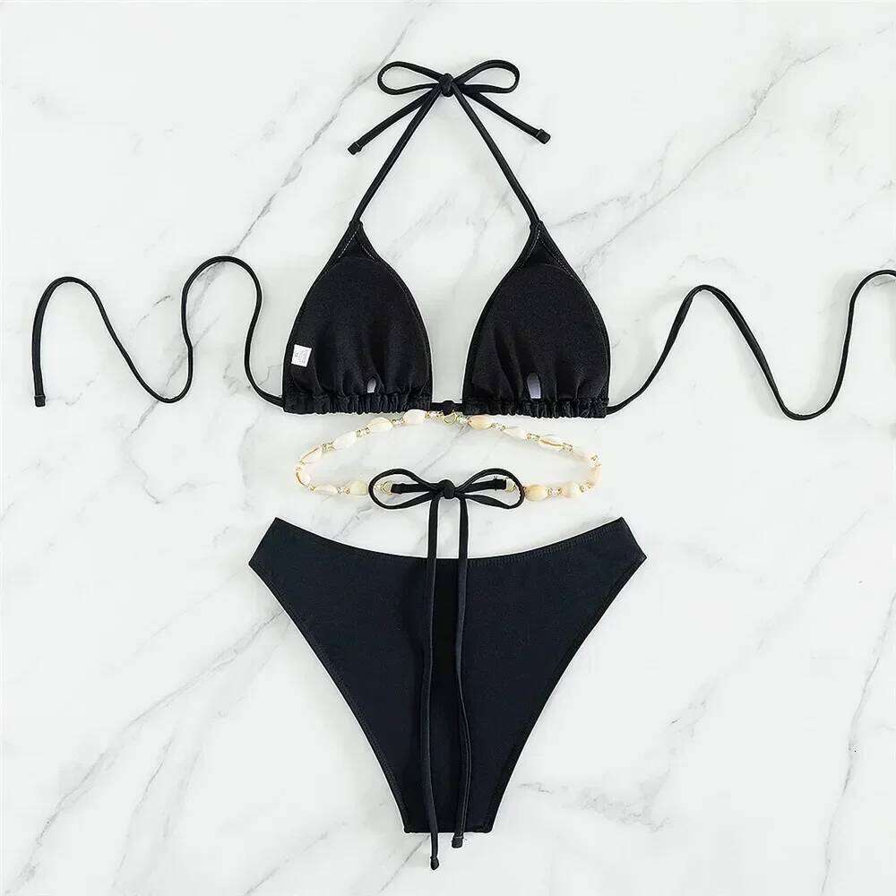 Sexy White Shell String Halter Triangle Bikini Set Women Swimwear Micro Thong Swimsuit Bathing Suit Mini Bikinis 2025 Mujer Swim Y260303