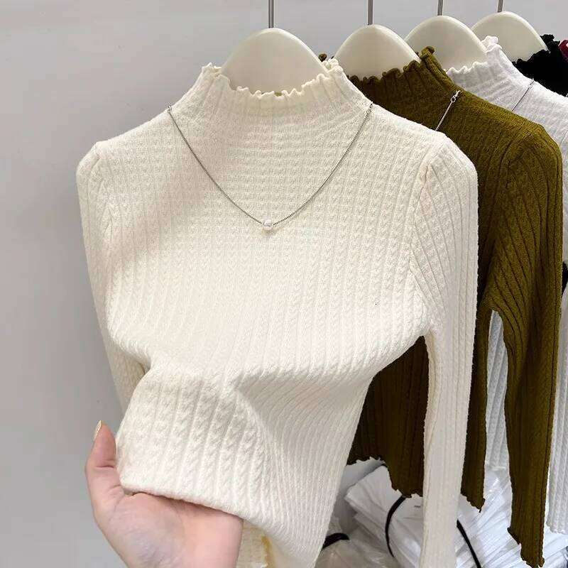 Knitted Pullovers New Long Sleeve Mock Neck White Knit Sweater Pullover Women Tops Sweaters Sueters De Mujer Q983 Z260314
