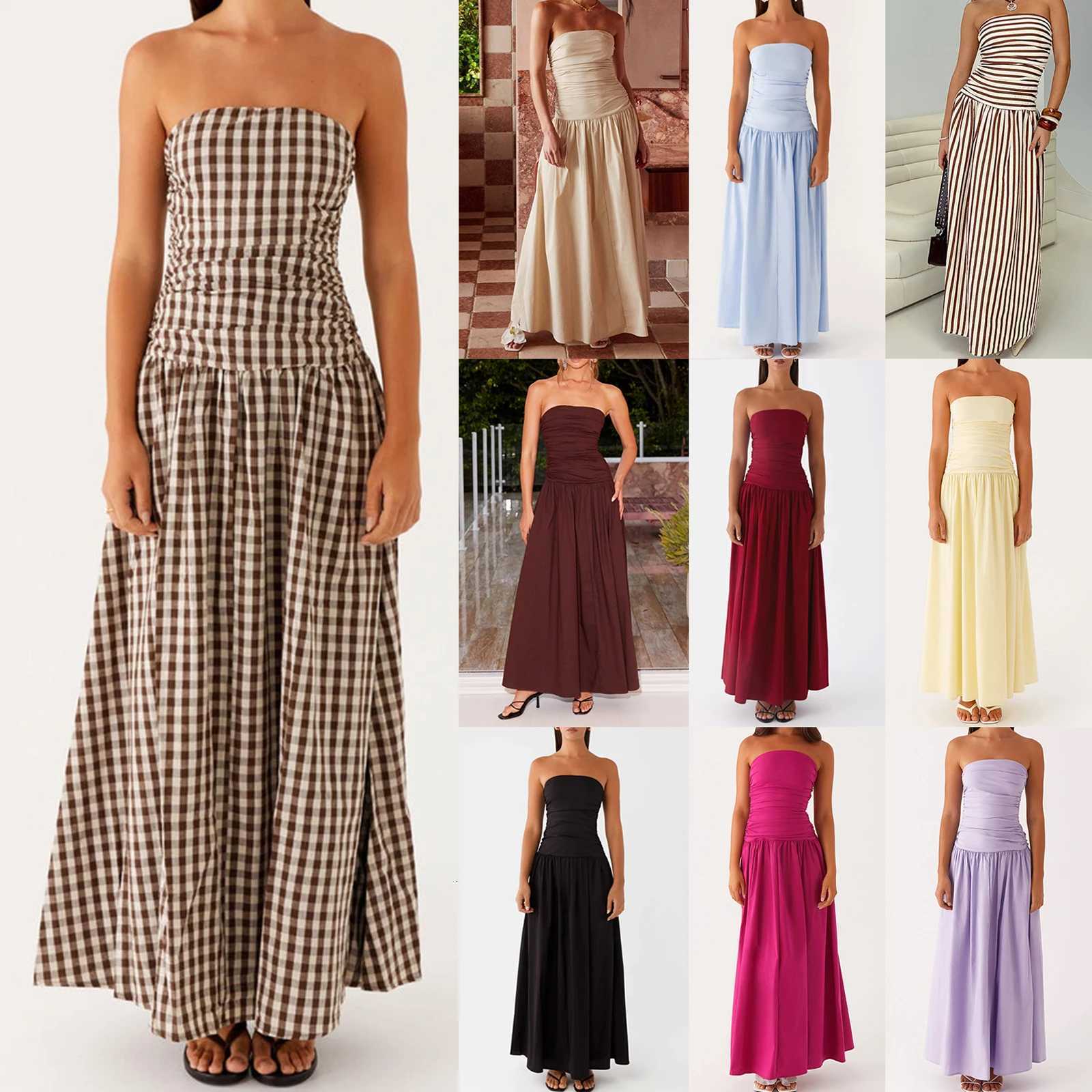 Combhasaki Women Vintage Solid Color Ruched Strapless Low Waist Patchwork Backless Elegant Flowy Pleated A-Line Tube Long DressT260314