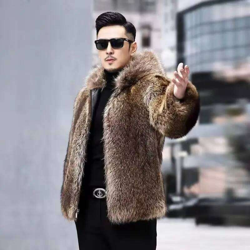 Men Autumn Winter Raccoon Light Luxury Hooded Fur Fashion Thickened Business Casual Coat Comfortable Warm Soft Z260313