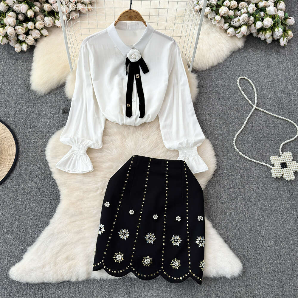 2026 Spring and Autumn Designer Elegant Women's New Flower Tie A14 Long Sleeve Shirt and Ruffle Skirt