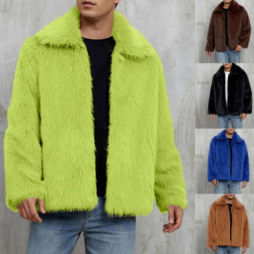 Men Faux Fur Coat Loose Solid Lapel Neck Long Sleeve Open Front Warm Furry Winter Jacket Z260313