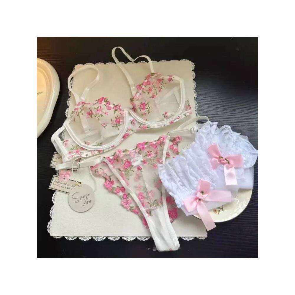 Sexy Lingerie Set - Pink French Lace Bra|G-stringFloral Embroidery Women's Underwear,Sweet Push Up Bra Set,Valentine's Day Gift