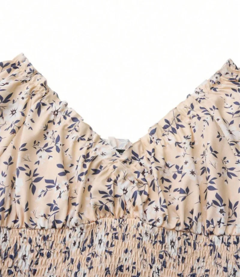 Vintage floral dress with fluffy cuffs and pleated waist cinching suitable for womens summer beach wear parties 260313