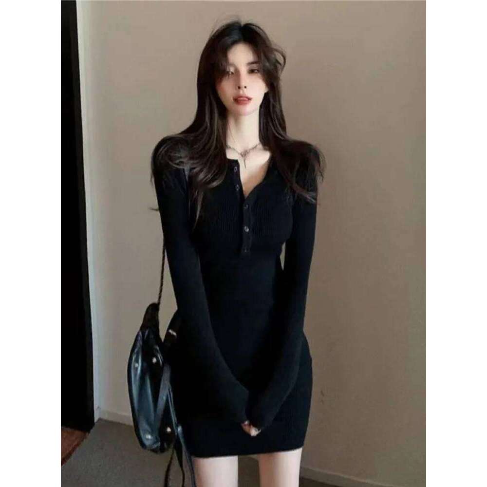 Autumn Winter Mini Dress Women V Neck Button Sexy Sweater Elegant Bodycon Dresses Long Sleeve Robe Short Skirt Waist Solid Z260313