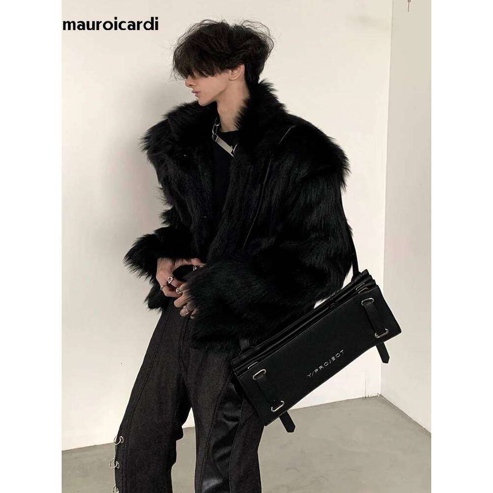 Mauroicardi Winter Short Cool Thick Warm Soft Black Hairy Faux Fox Fur Coat Men Long Sleeve Luxury Fluffy Jacket 2023 Z260313