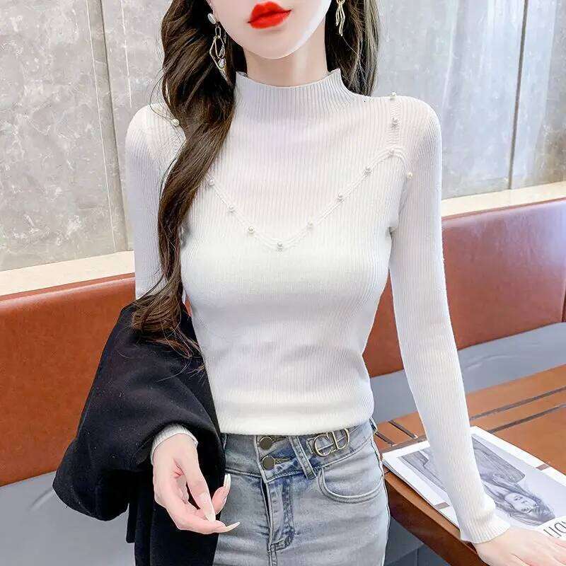 Sweater Solid Color Long Sleeve Pullover Women's Clothing Half High Collar Embroidered Flares Spring Autumn Screw Thread Tops Z260313