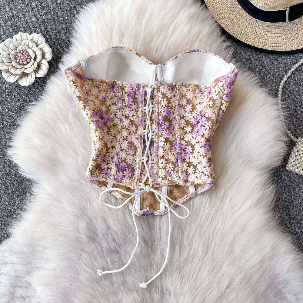 2026 European A12 and American style niche sweet and heavy embroidered flower strapless vest with soft support fishbone short design