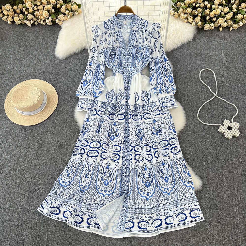 Spring and Autumn Vintage Palace Style Elegant c10 Ruffle V-neck Single breasted Lantern Sleeve Waist A-line Printed Dress
