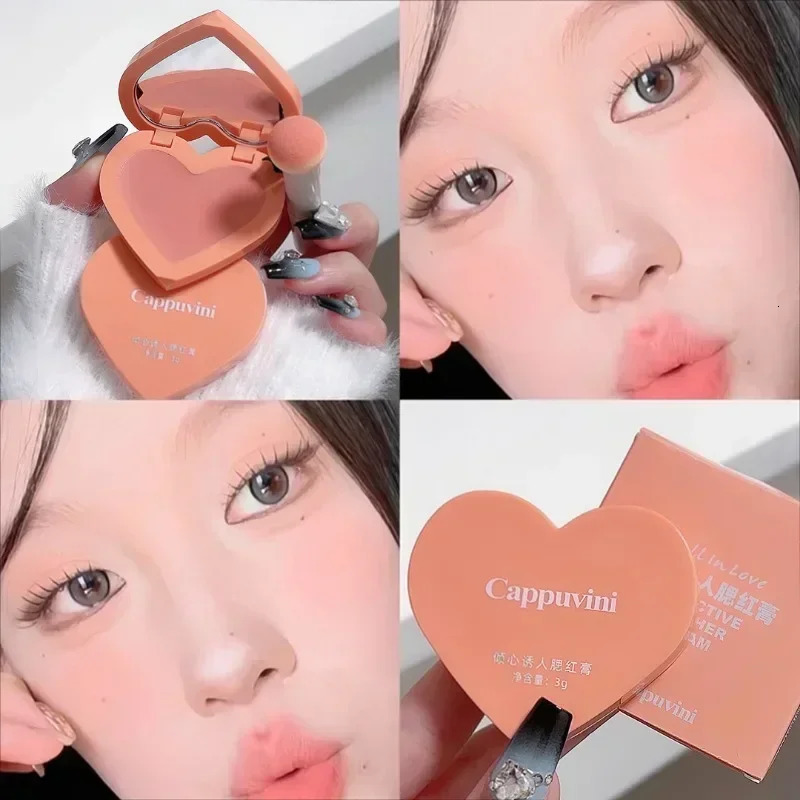 Love Air Cushion Powder Blusher with Mirror Red Rouge Matte Whitening Waterproof Makeup Cheek Tint Contour Peach Blush Cream 260305